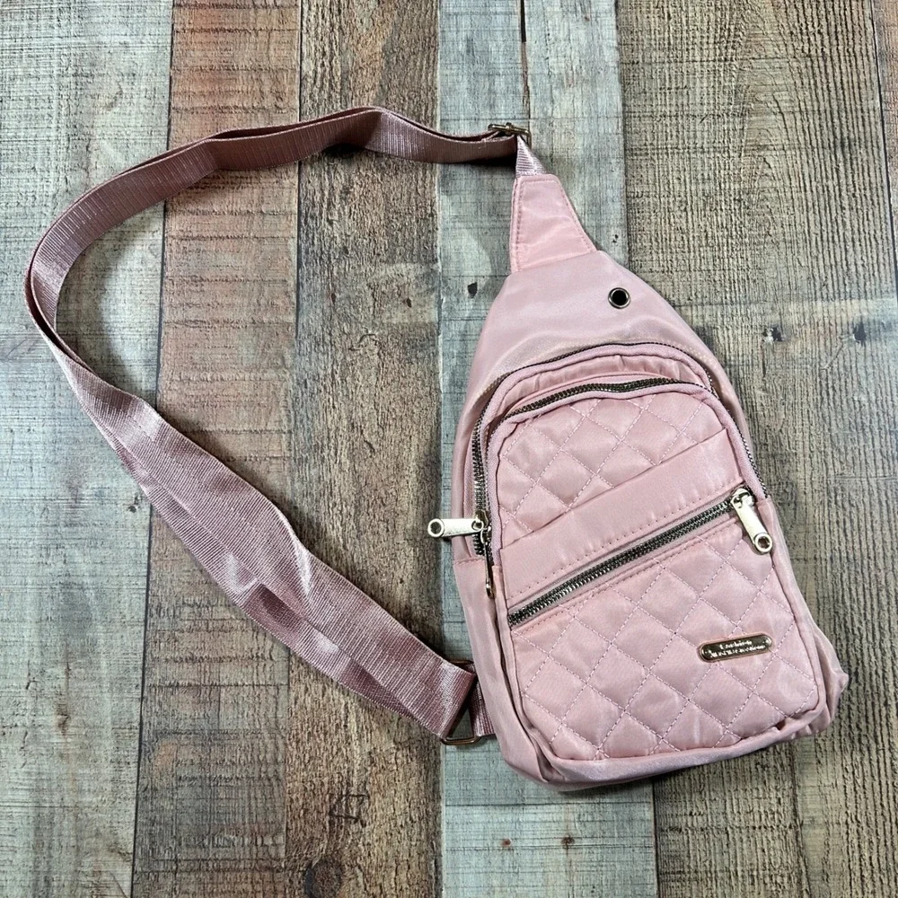 Pink Quilted Sling Bag Crossbody Backpack Travel Purse Adjustable Strap 11x6